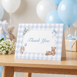 Wir können kaum warten Blau karierter Teddybär Dankeskarte