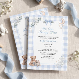 Wir können kaum warten Blau karierter Teddybär Einladung