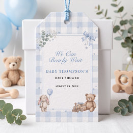 Wir können kaum warten Blau karierter Teddybär Geschenkanhänger