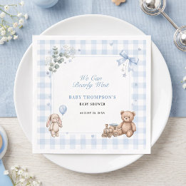Wir können kaum warten Blau karierter Teddybär Serviette