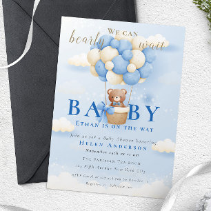 Wir können kaum warten Blau Teddy Bär Baby Shower Einladung