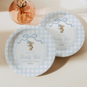 Wir können kaum warten Blau Teddybär Baby-Party Pappteller