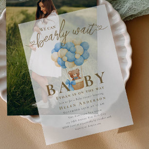 Wir können kaum warten Blau Teddybär Baby Shower Pergament Einladungen