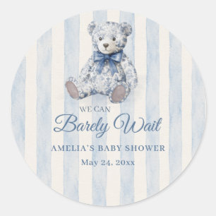 Wir können kaum warten Blaue Teddybär-Babyparty Runder Aufkleber
