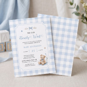 Wir können kaum warten Klassischer Teddy Blau Cust Einladung