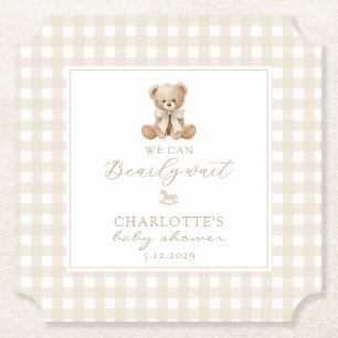 Wir können kaum warten Neutrales Teddybär-Baby-Par Untersetzer