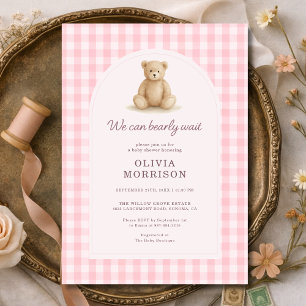 Wir können kaum warten Pink Gingham Baby Shower Einladung