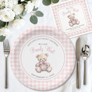 Wir können kaum warten Rosa Bär Baby Shower Pappteller