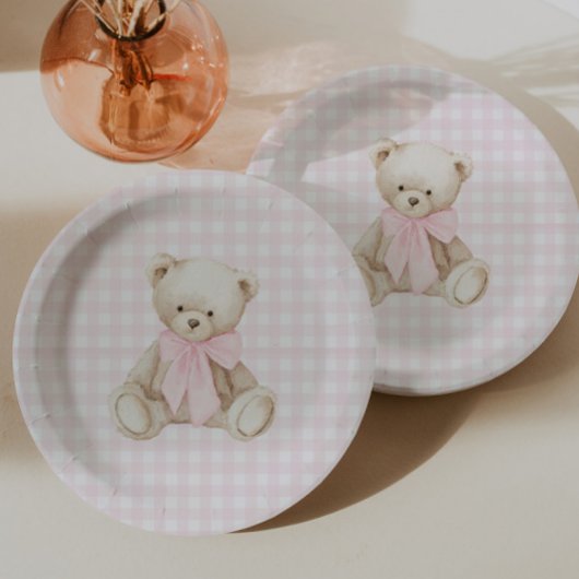 Wir können kaum warten Rosa Gingham Teddybär Pappteller
