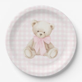 Wir können kaum warten Rosa Gingham Teddybär Pappteller (Vorderseite)