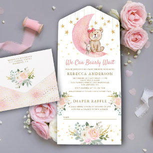 Wir können kaum warten Rosa Teddybär Baby-Party All In One Einladung