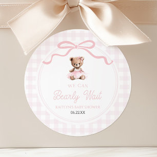 Wir können kaum warten Rosa Teddybär Baby-Party Runder Aufkleber
