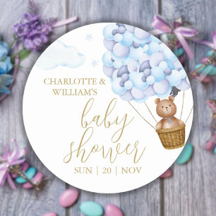 Wir können kaum warten Teddy Bär Blau Baby Shower Runder Aufkleber