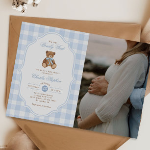 Wir können kaum warten Teddybär Baby Shower Foto Einladung