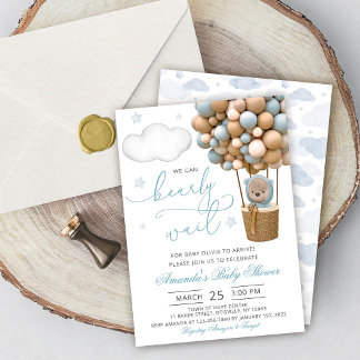 Wir können kaum warten Teddybär-Ballon-Baby-Party Einladung