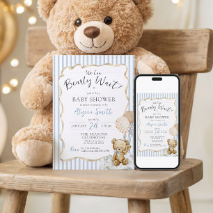 Wir können kaum warten Teddybär Blau Baby Boy Show Einladung