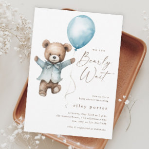 Wir können kaum warten Teddybär-Jungen-Baby-Party Einladung