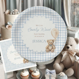 Wir können kaum warten, Teddybär-Jungen-Baby-Party Pappteller