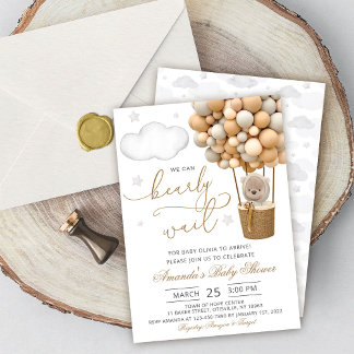 Wir können kaum warten Teddybär Luftballon Babypar Einladung