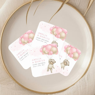Wir können kaum warten Teddybär Mädchen Baby-Party Quadratischer Aufkleber