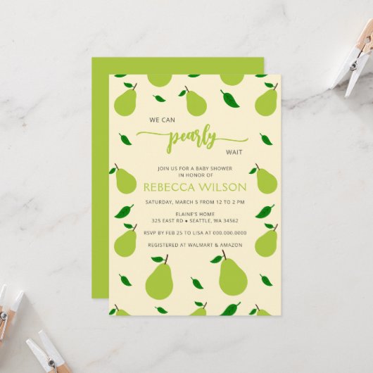 Wir können Pear Wait Birne Baby Dusche warten Einladung (Vorderseite/Rückseite Beispiel)