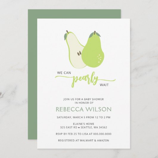 Wir können Pear Wait Birne Baby Dusche warten Einladung (Vorne/Hinten)