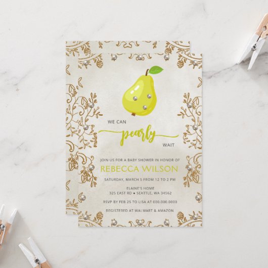 Wir können Pear Wait Birne Baby Dusche warten Einladung (Vorderseite/Rückseite Beispiel)