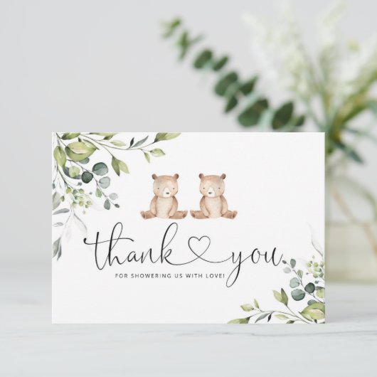 Wir können schon warten Twins Baby Dusche danke Karte (Stehend Vorderseite)