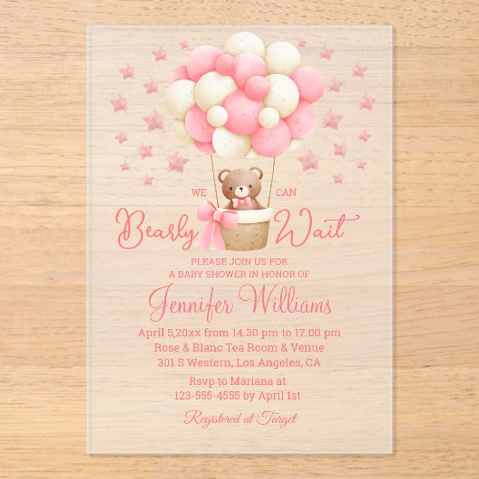 wir können warten, Baby Dusche Teddy pink Acryleinladungen (Vorderseite)