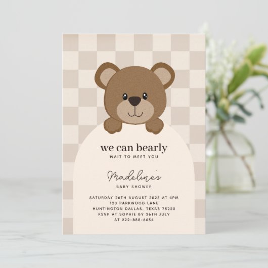 Wir können warten | Babydusche mit niedlicher Bäre Einladung (Stehend Vorderseite)