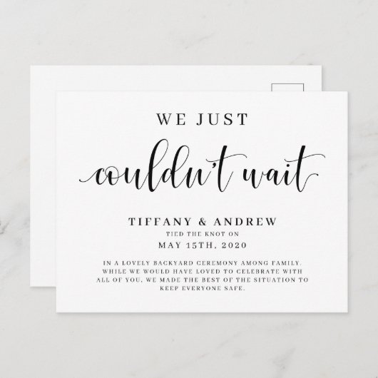 Wir konnten einfach nicht auf Hochzeit warten Ankündigungspostkarte (Vorne/Hinten)