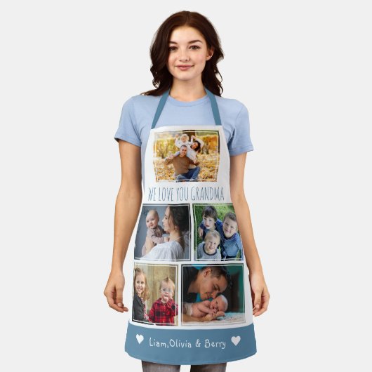 Wir Liebe Oma Grandkids 5 Foto blau und weiß Schürze (Getragen)