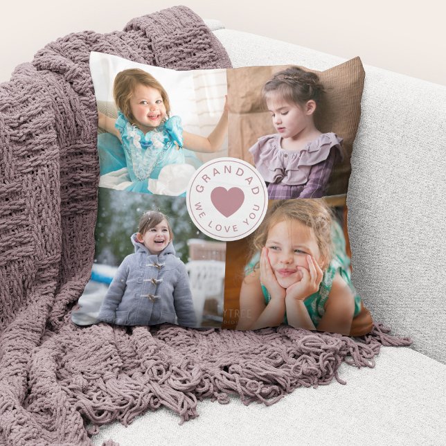 Wir Liebe Sie Granad Niedliche rosa Herzkloppel Kissen (Cute custom photo collage "Grandad We Love You" throw pillow.)