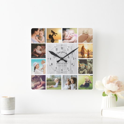Wir Liebe Sie Mami Foto Collage weiß Holzstruktur Quadratische Wanduhr (Zuhause)