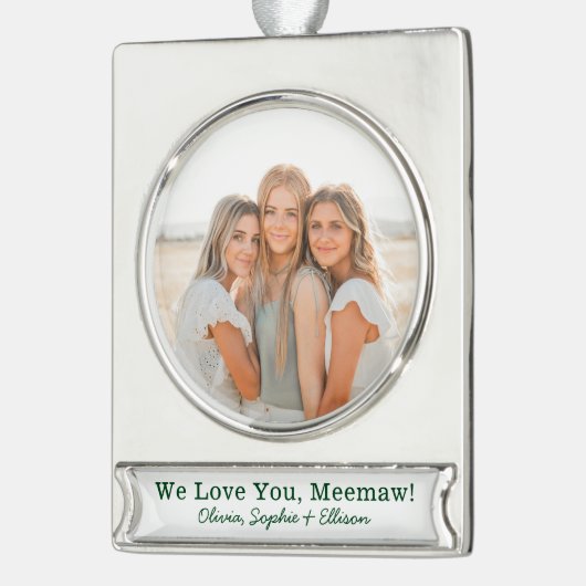 Wir Liebe Sie Meemaw Foto Banner-Ornament Silber (Links)
