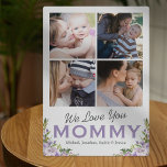 Wir Liebe Sie Mommy Floral Foto Fotoplatte<br><div class="desc">Süßes Foto mit 4 quadratischen Familienbildern,  lila Aquarellbildern,  den Begriffen "Wir Liebe du Mami" und den Kindernamen.</div>