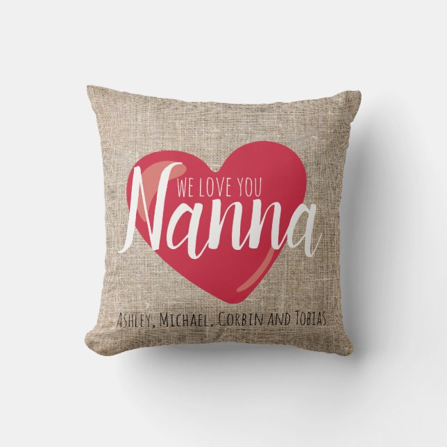 Wir Liebe Sie Nanna Imitats Burlap Red Heart Custo Kissen (Vorderseite)