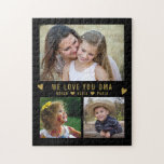 Wir Liebe Sie OMA 3 Foto Collage Black Puzzle<br><div class="desc">Personalisieren Sie dieses lustige Foto Rätsel mit 3 Lieblings-Enkel-Fotos für Oma zu lösen. Fügen Sie eine liebevolle Nachricht und Namen für die persönliche Touch hinzu.</div>