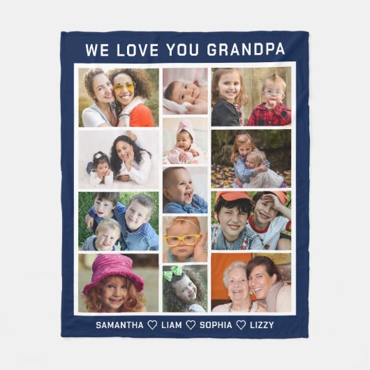 Wir Liebe Sie Opa Grandkids Foto Collage Blue Fleecedecke (Vorderseite)