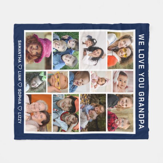 Wir Liebe Sie Opa Grandkids Foto Collage Blue Fleecedecke (Vorderseite (Horizontal))
