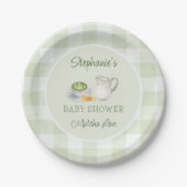 Wir Liebe Sie so Matcha Green Gingham Baby Dusche Pappteller (Vorderseite)