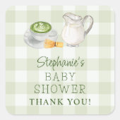 Wir Liebe Sie so Matcha Green Gingham Baby Dusche Quadratischer Aufkleber (Vorderseite)