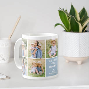Wir lieben Mutti moderne blaue Fotocollage Kaffeetasse