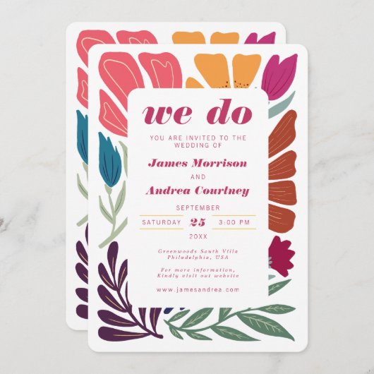 Wir machen Boho Chic Retro farbenfrohe Blumenhochz Einladung (Vorne/Hinten)