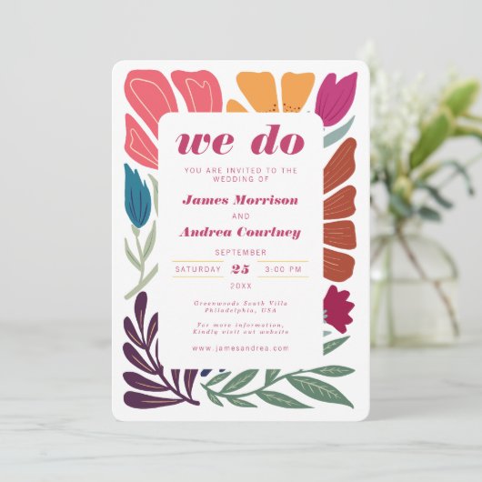 Wir machen Boho Chic Retro farbenfrohe Blumenhochz Einladung (Stehend Vorderseite)