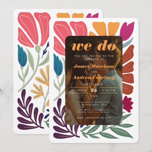 Wir machen Boho Chic Retro farbiges Foto floralWed Einladung (Vorne/Hinten)