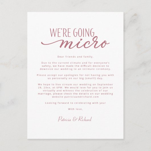 Wir machen eine Micro-Downsize-Hochzeitsankündigun Postkarte (Vorderseite)