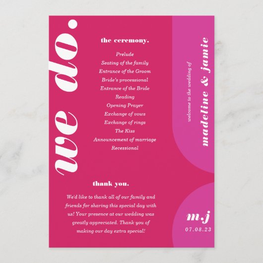 Wir machen eine Rosa Retro-Art Hochzeitsorden Programm (Vorderseite)