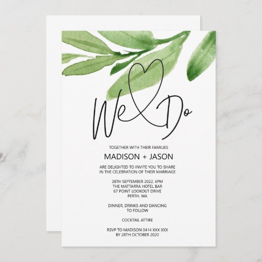 Wir machen einfache moderne Hochzeitsgrün-Blätter Einladung (Vorne/Hinten)