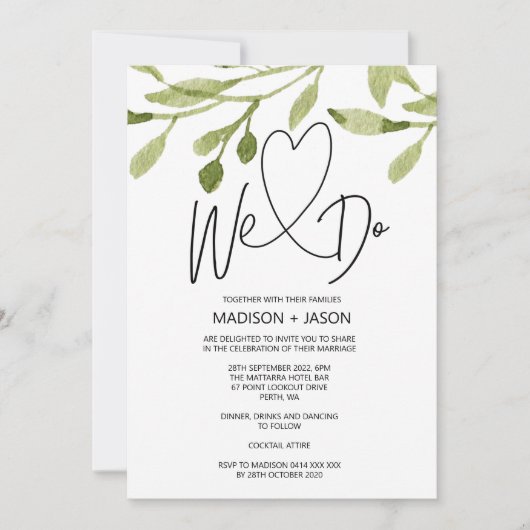 Wir machen einfache moderne Hochzeitsgrün Eukalypt Einladung (Vorderseite)